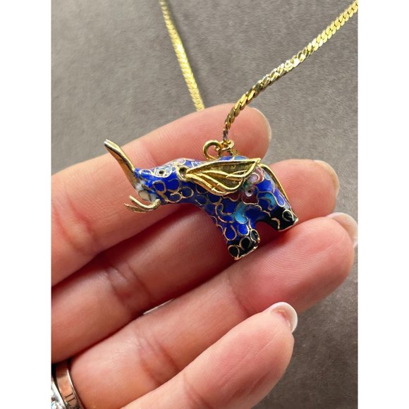 Vintage Cloisonne Elephant Necklace Dimensional Blue Enamel and Gold Tone Chain - Picture 6 of 8